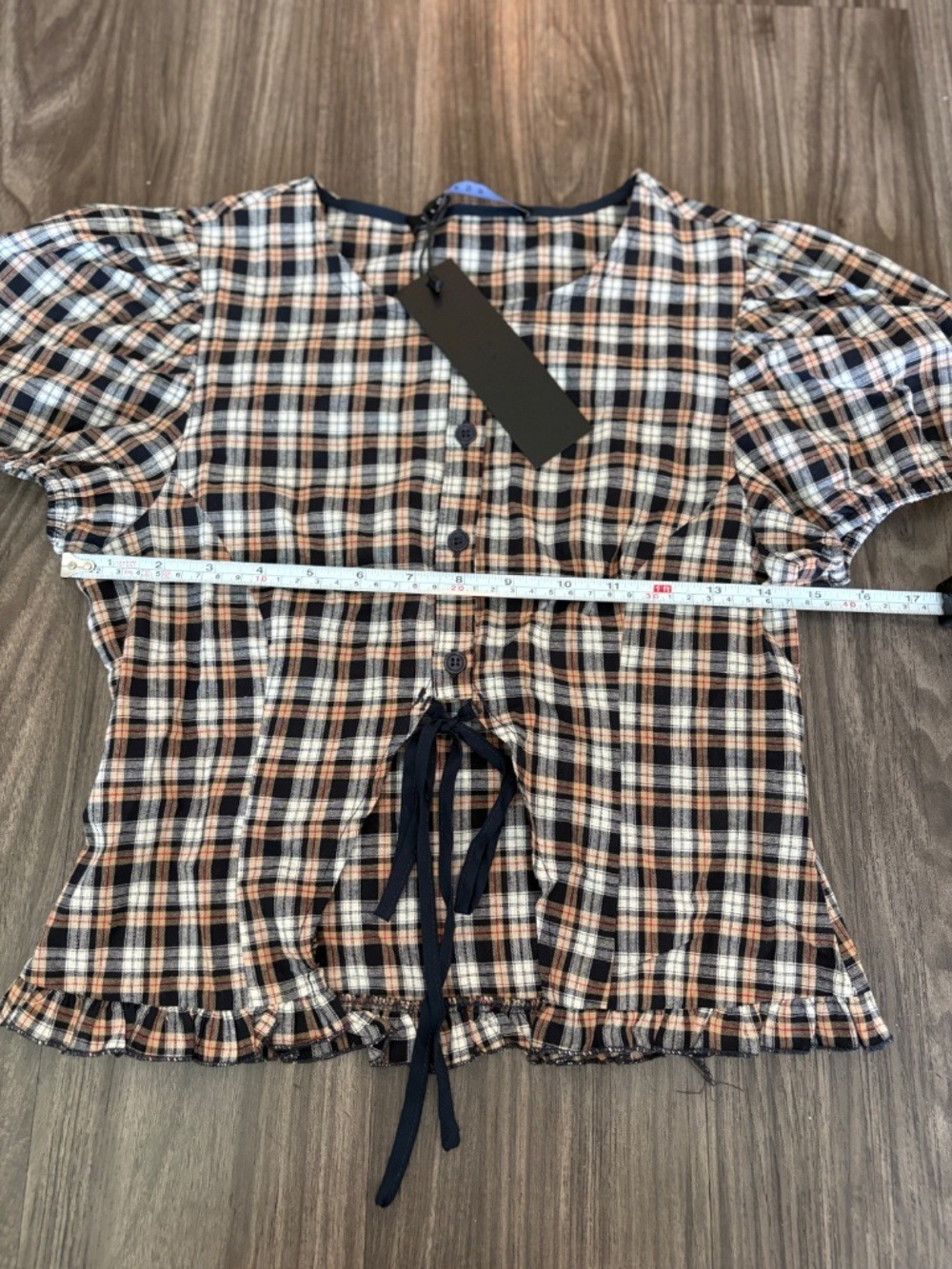 NEW LIONESS BARDOT TOP Beige and Tan Plaid Puff Sleeve Button and Tie Detail  XS - Picture 7 of 9